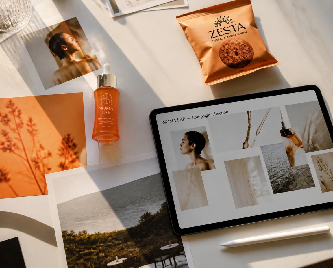 Mesa de dirección creativa con referencias visuales y productos